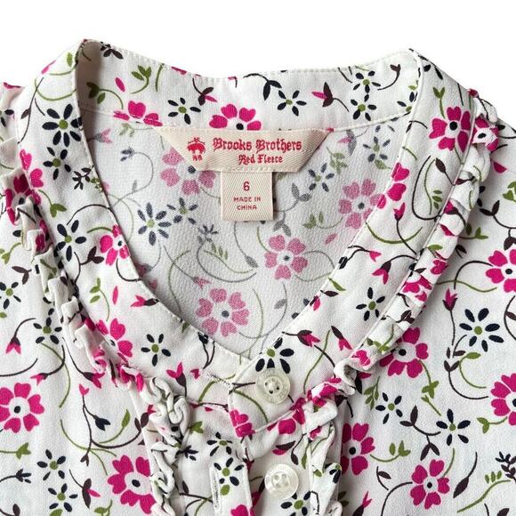 Brooks Brothers Red Fleece Floral White Pink Short Sleeve Flowy Blouse - Size 6 - Picture 3 of 11